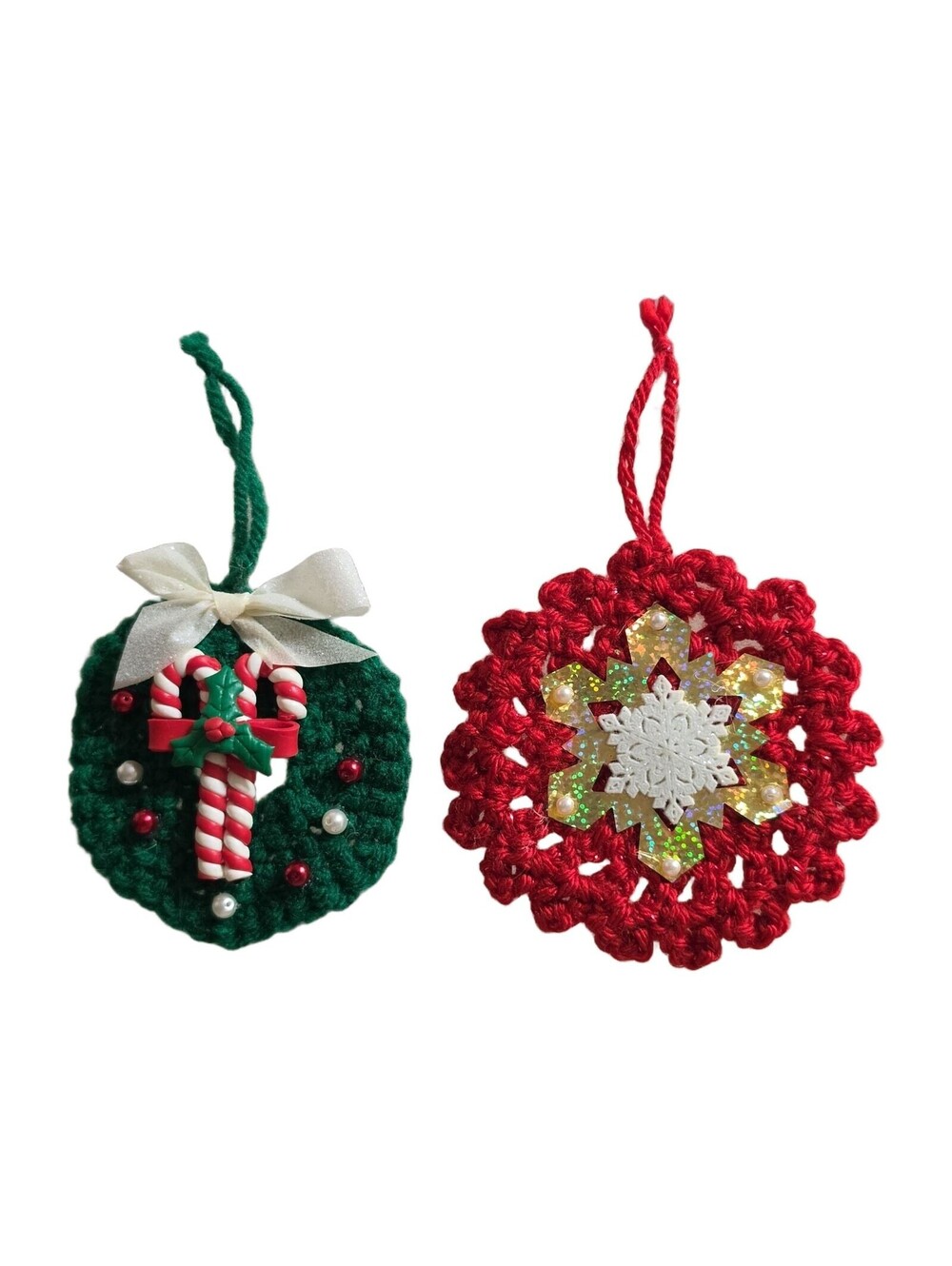 Handmade Crochet Christmas Ornaments Set of 2 - Wreath & Snowflake